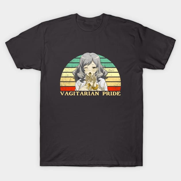 Vagitarian Pride - Lesbian Anime Pun - Retro Sunset v4 T-Shirt by clvndesign